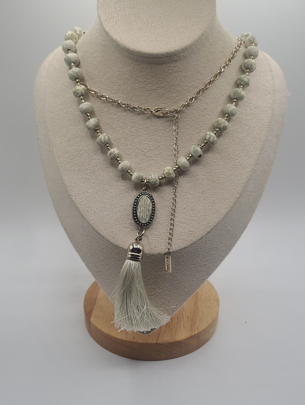 Sage Beaded Tassel Pendant Necklace with Silver Accents